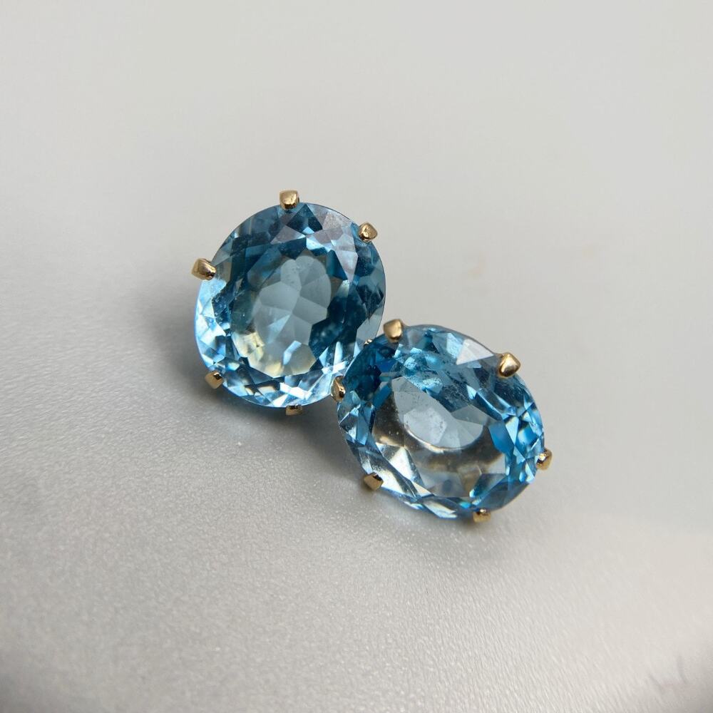 14K Gold Large Oval Blue Topaz Statement Stud Earrings 5.68g - Picture 8 of 14